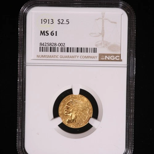 1913 INDIAN HEAD GOLD $2.50 QUARTER EAGLE NGC CERTIFIED MS 61 UNCIRCULATED BU NR