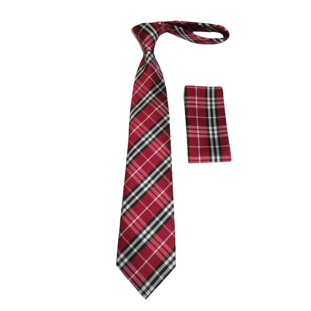 Mens Woven Tie Hankie Set JValintin Private Collection R7 Red English Plaid 6190₽