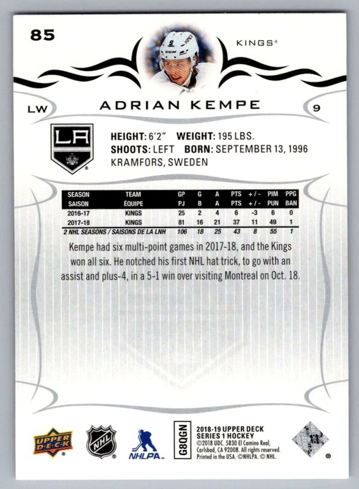 2018-19 Upper Deck Adrian Kempe Los Angeles Kings #85 - Image 2 of 2