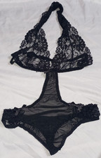 SALES Black Mesh Lace See Through Halterneck Teddy Bodysuit Leotard Size 8/10