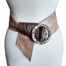 KRISTEN KAHLE Reversible Tan/Brown Leather 3" Wide Belt  Tortoiseshell Buckle