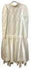 VTG Floral Satin Drop Waist Dress Sz L/XL White Ivory Lace Trim High Neck LS