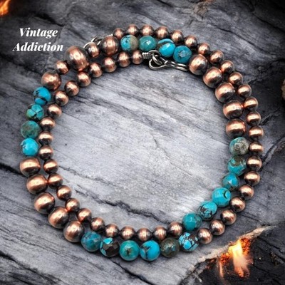 Hubei Turquoise Copper Navajo Pearl Necklace Southwest Faceted Pawn Squash 16''