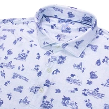 Johnnie-O Featherweight Polo Shirt L Tiki Bar Heritage GC Malibu Blue Hula Golf