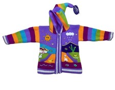Handmade Kids Purple Multicolor Knit Hooded Cardigan With Embroidered Animals