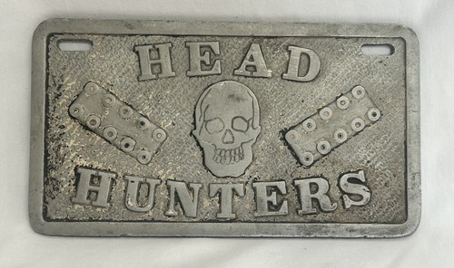 Vtg Head Hunters Motorcycle Club Gang Skull Car Plaque License Plate Aluminum