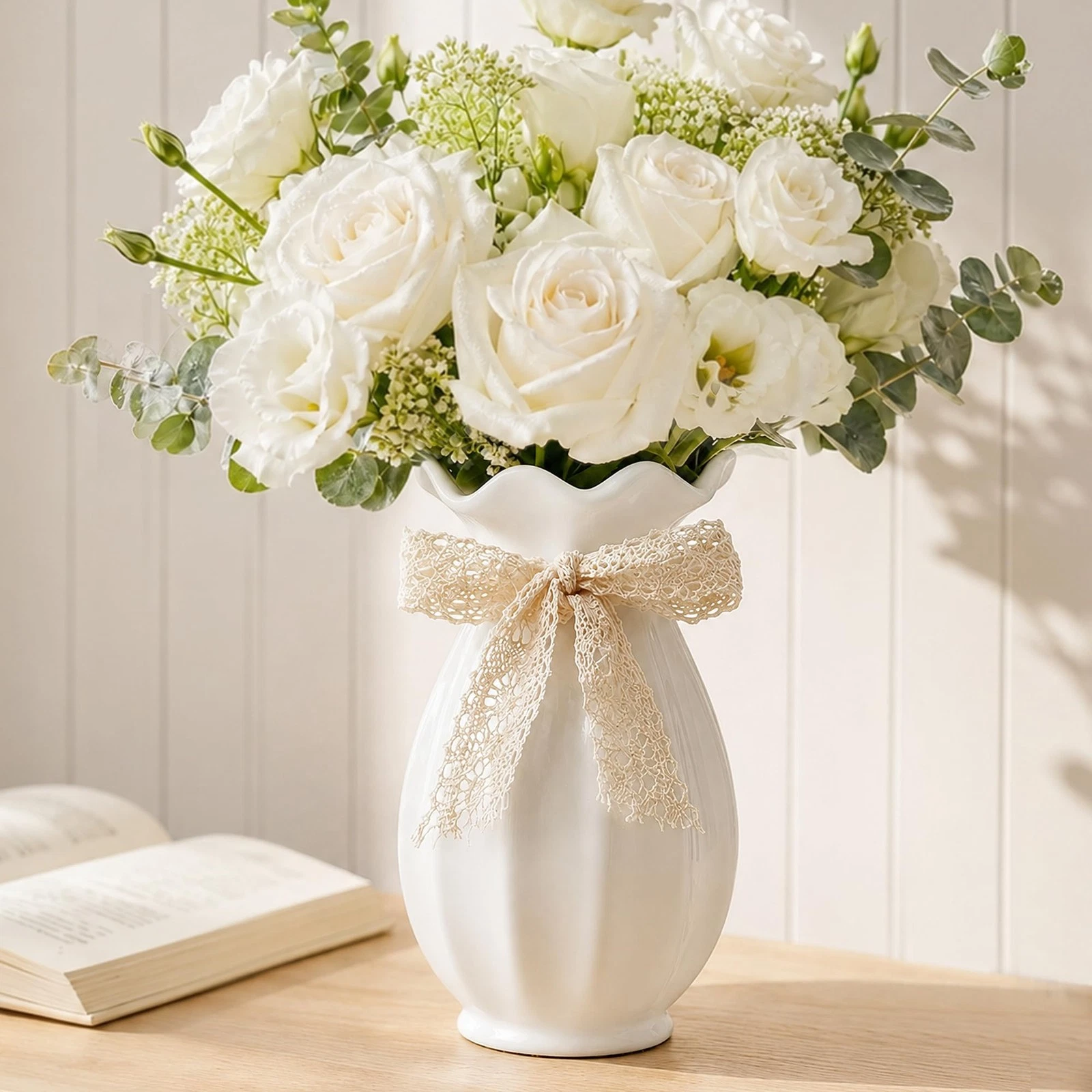 White Ceramic Vase with Ribbon – Vases for Flowers, White Flower Vase for Hom...