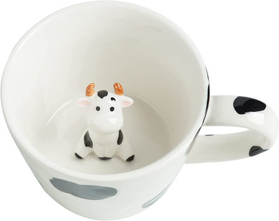 Cow Ceramic Cup Hidden 3D Animal inside Mug,Cute Cartoon Handmade Figurine Mugs,