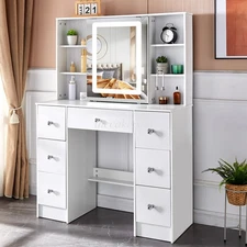 Vanity Makeup Desk Dressing Table Set 10 LED Lighted Mirror with 7 Drawers USA