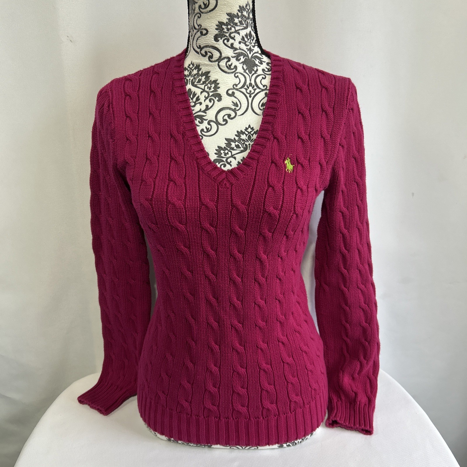 Ralph Lauren Sport Pink Cable Knit V Neck Sweater Women's Size M