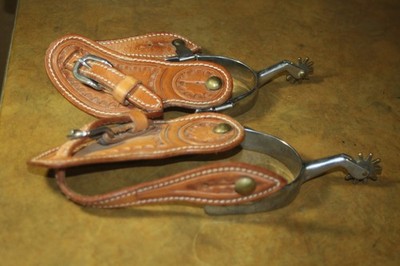 Pair Vintage Stainless Steel Cowboy Western Spurs - Brass Rowels -Tooled Straps