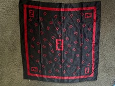 Fendi 100 Silk Square Scarf Red Black Vintage Classic Logo 38" Oversized FF