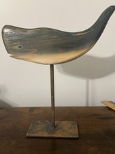 Hand Carved Wooden Whale on Metal Stand Rustic Folk Art Coastal Decor