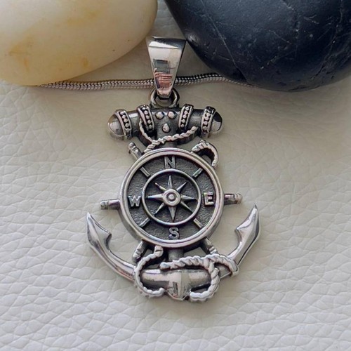 3D Anchor Compass Pendant Sterling Silver 925 Nautical Pirate Talisman for Men