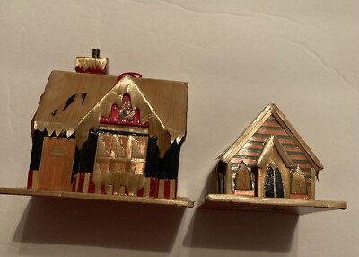 Lot Of 2 Lillian Vernon Christmas Tree ornaments Houses Balsa wood Decoupage.