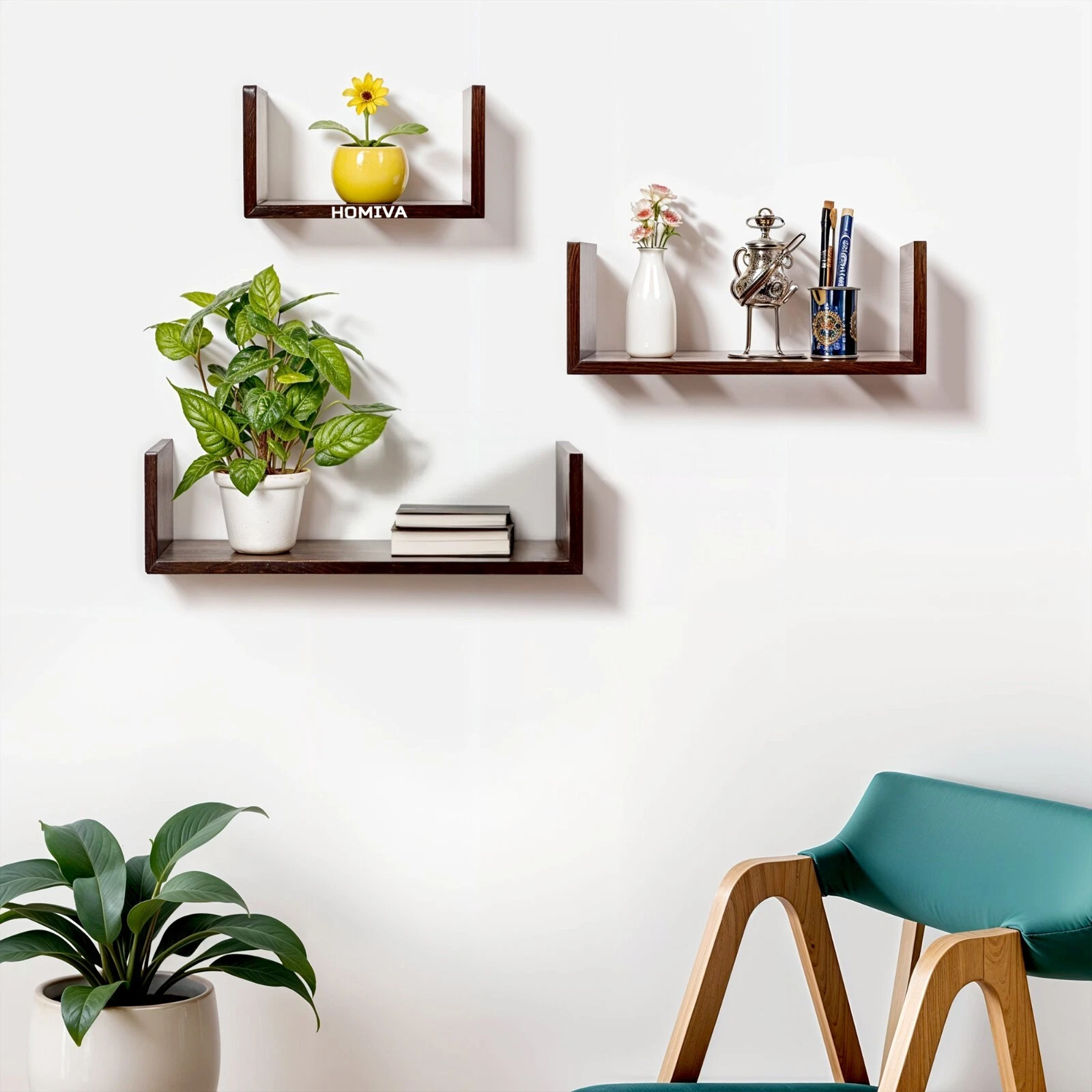 HOMIVA DIY Set of 3 U-shaped wall-mounted wooden shelves - Dark Brown