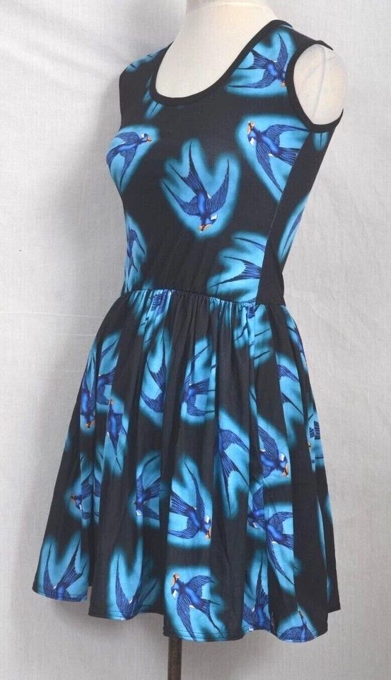 Blue Swallow Skater Dress Skater S UK 8-10 Vintage Look Cute Tattoo - Image 2 of 3