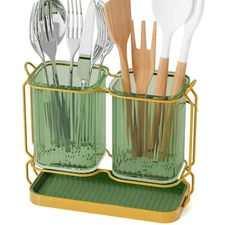 Green Kitchen Utensil Holder Wall Mount 6.7" Silverware Drain Tray Spatula