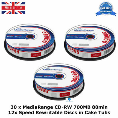 30 x MediaRange CD-RW Speicher 700 MB 80min 12x Geschwindigkeit wiederbeschreibbare Discs in Kuchendosen