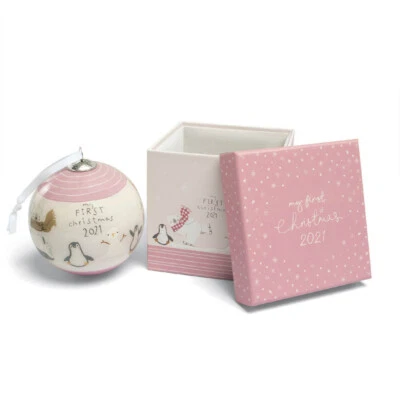 Mamas and Papas My First Christmas Bauble 2021 -Hand Painted Glass -PINK Girls