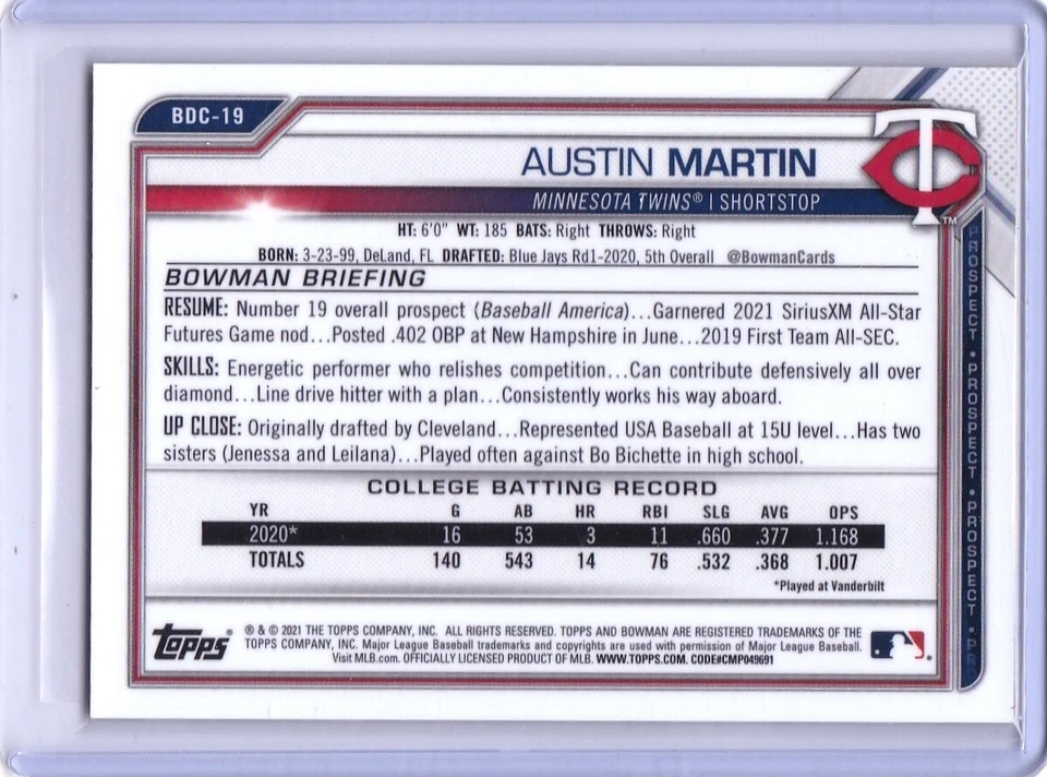 Austin Martin /99 YELLOW 2021 Bowman Draft Sapphire #BDC-19 Twins - Image 2 of 4