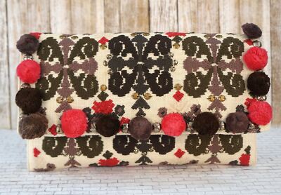 CHRISTOPHE SAUVAT Embroidered Pom Pom Flap Clutch Boho Bag