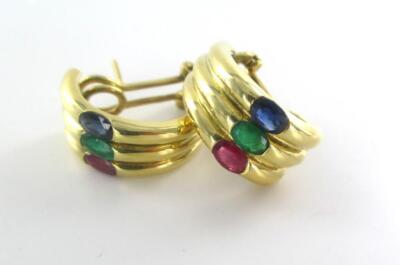 18 Kt Gelbgold Smaragd Rubin & Saphir Huggies Ohrringe
