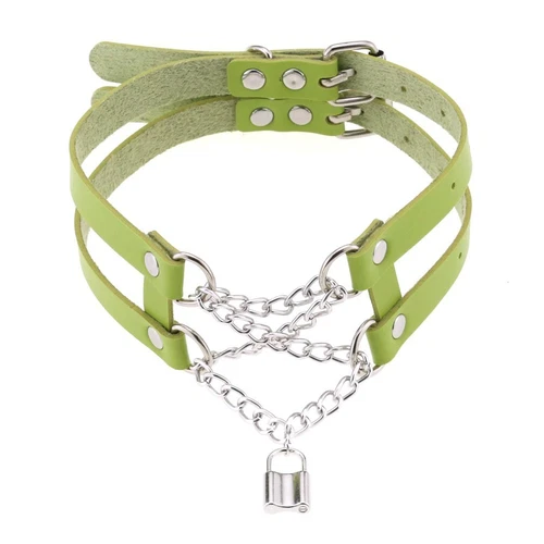 Double Belt Punk Choker with Cross Chain Lock Pendant Gothic Collar - Picture 32 of 37