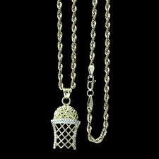 Mens Real 10K Yellow Gold Diamond Cut Basketball Pendant & 2.5mm Rope Chain