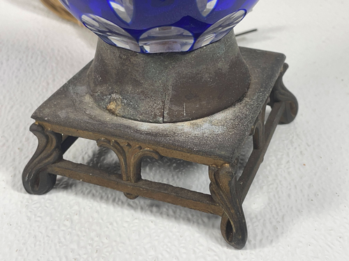 Antique Bohemian Cobalt Blue cut to clear crystal 7 ½” tall vase lamp conversion - Picture 8 of 11