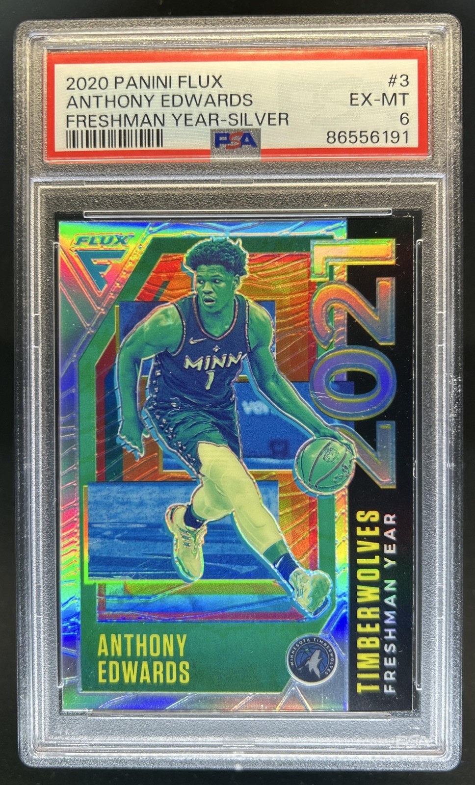 2020-21 Panini Flux Anthony Edwards Freshman Year Silver Rookie RC #3 PSA 6