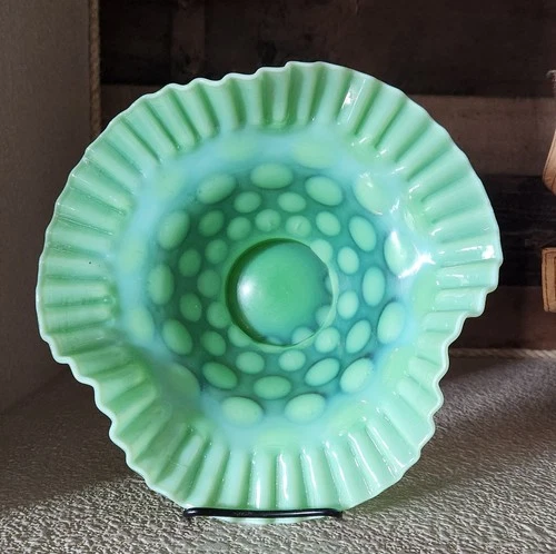 Vintage FENTON Green Opalescent COIN DOT Crimped Ruffled Edge 9 Inch Bowl RARE