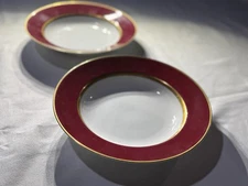 Set of 2 Fitz & Floyd Renaissance 9” Rimmed Soup Bowls Crimson Red, Gold Rim