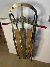 Vintage Antique Retro 1950s Mid Century Wooden Steel Snow Toboggan Sled 45"