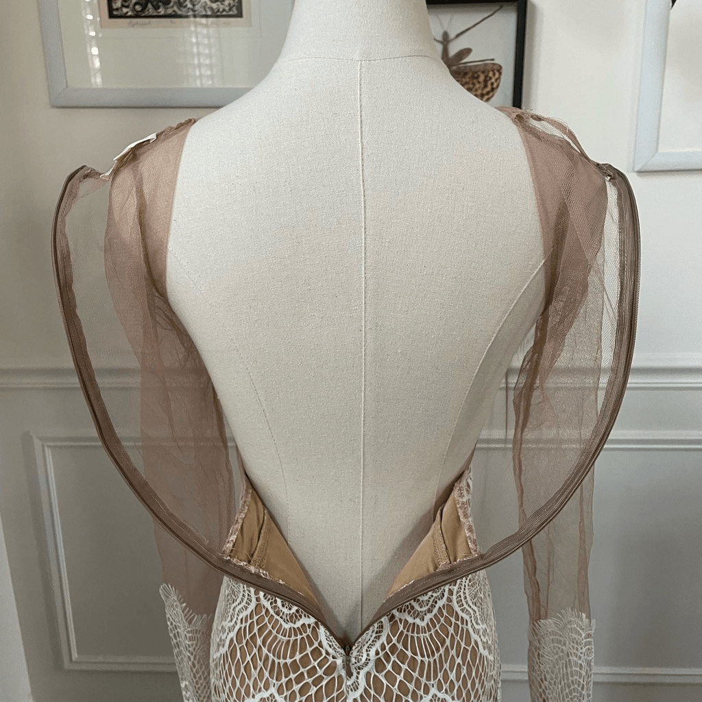 Luxxel Luxxel White Crochet Lace Nude Mesh Sheath Dress Long Sleeves XS | Sz: XS | Color: White tan