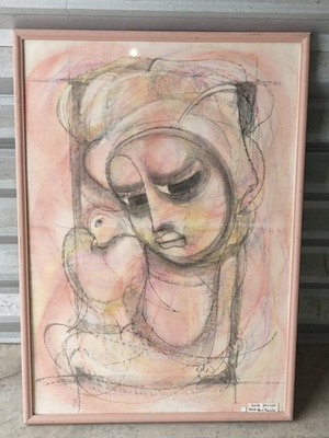 #ad BEN MACALA SIGNED FRAMED ABSTRACT WOMAN PORTRAIT MIXED MEDIA ON PAPER LARGE $599.95