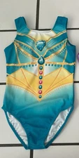 GUC DESTIRA Aqua Yellow Gems Bling Leotard Size S Small With Matching Scrunchie