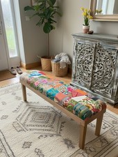 Patchwork Bench Recycled Fabric & Mango Wood Hallway Seat Indian Footstool 120cm