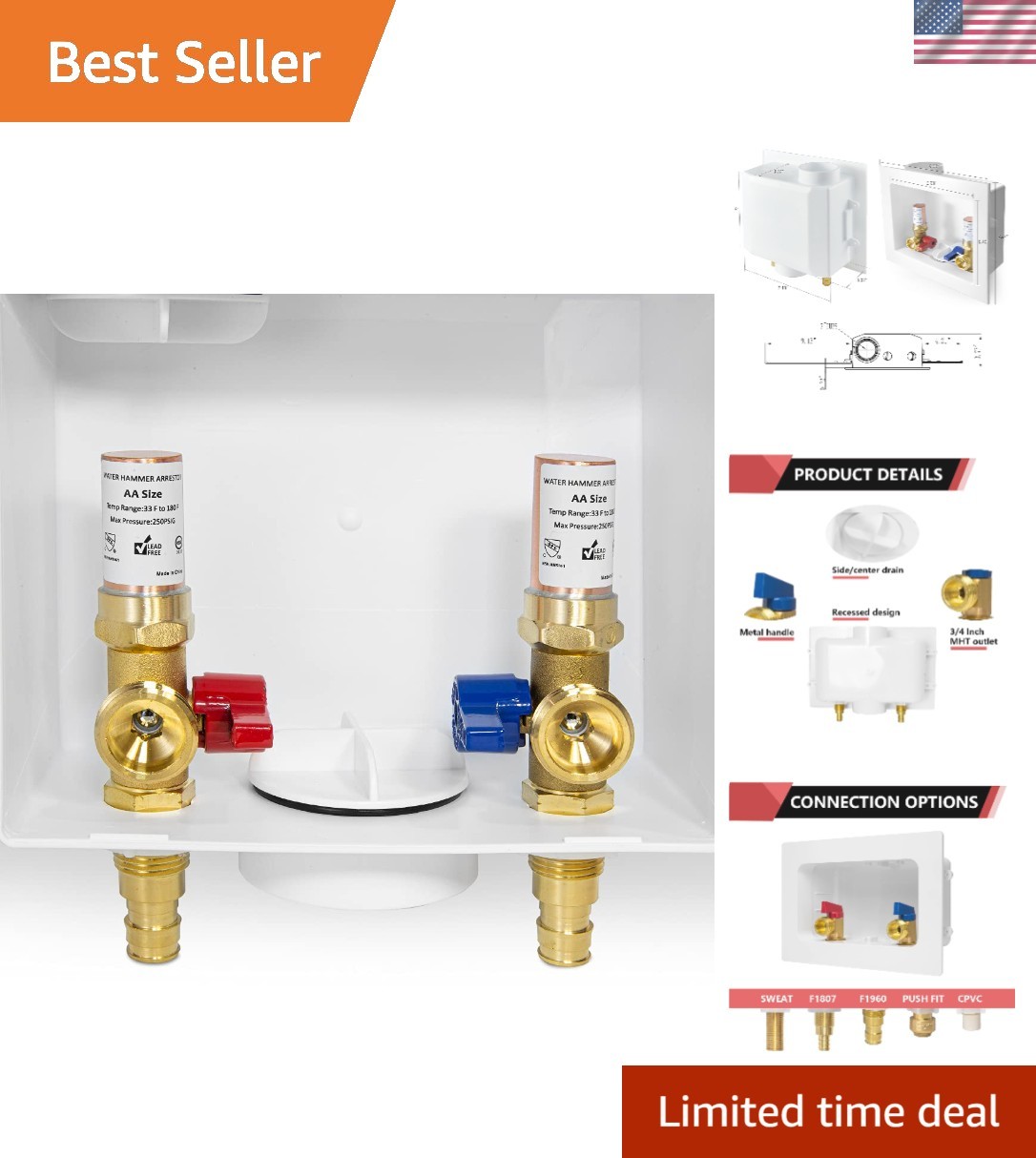 1Pcs Washing Machine Outlet Box,1/2"Pex-ACopper ArrestorWM013