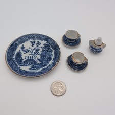 Vintage Doll House Mini Porcelain China Blue White Tea Set 7 Piece