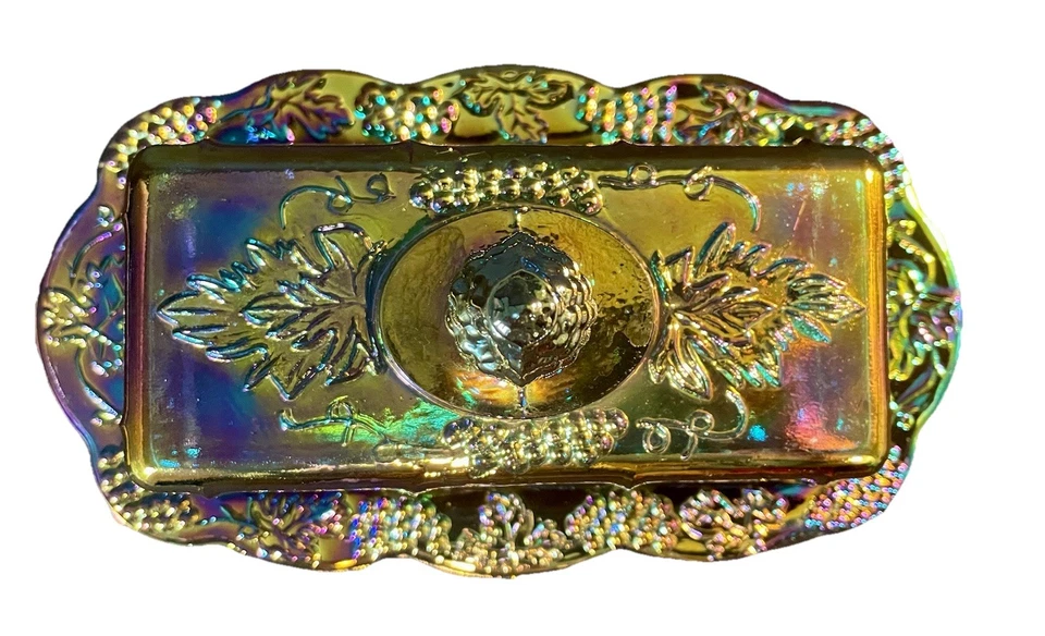 ENVÍO GRATUITO DE COLECCIÓN Indiana Iridiscente Azul Carnaval Vidrio Cosecha Uva Mantequilla Plato Foto 2 de 4