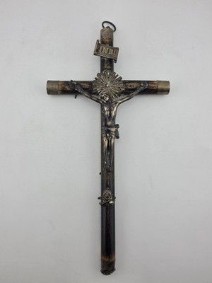 Antique 19th C Crucifix Metal Jesus On Wood Cross W Rare Tips