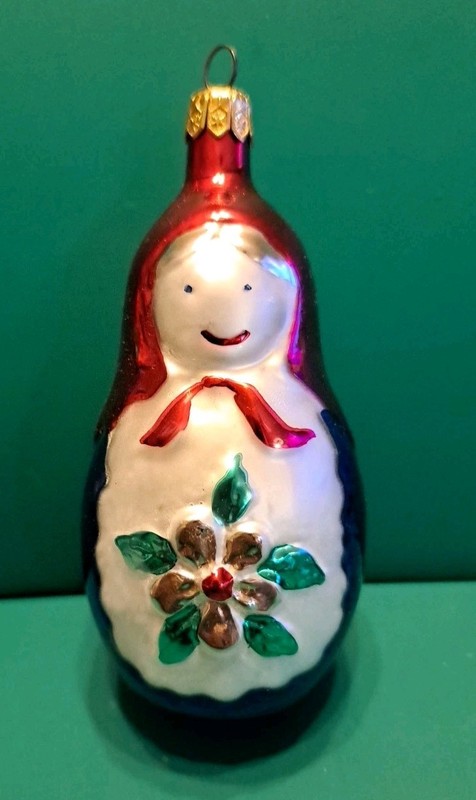 Poland Glass Christmas Girl Doll Ornament Blue Red Gold Green Vintage