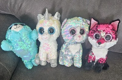 Ty Beanie Boos Flippables Color Changing Sequins Plush Lot Of 4 Fox, Cat, Seal 