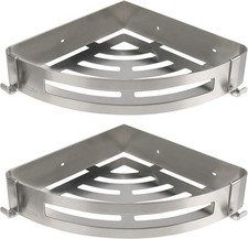 2 Pack Bathroom Corner Shelf Shower Caddy Two Hooks Brushed Nickel Wall Mount