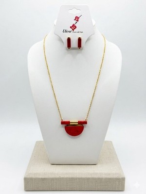 Stainless Steel  Red & Gold Necklace & Earrings Jewelry Set 