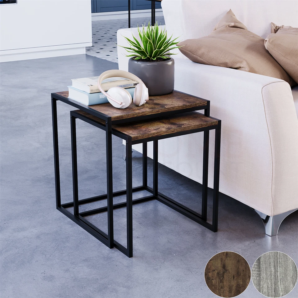 Set of 2 3 Coffee Nesting Table Set Sofa Side End Table Industrial Living Room - Image 2 of 4