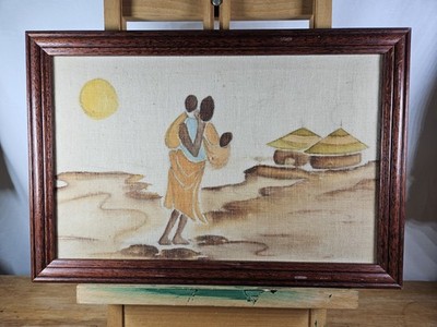 VINTAGE AFRIKANISCHE FAMILIENSZENE HANDBEMALT LEINWAND VOLK NAIVE KUNST