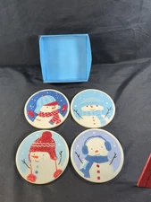 St. Nicholas 4 Round Ceramic Let It Snow Coaster Set Vintage Snowman Cardinal