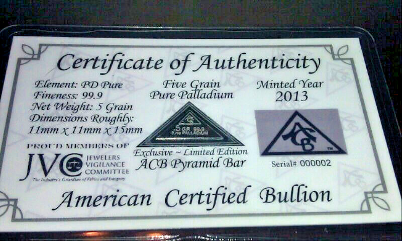 ACB Palladium PD BULLION 5Grain PYRAMID 9.99 CERT. OF AUTHENTICITY RARE $$ P